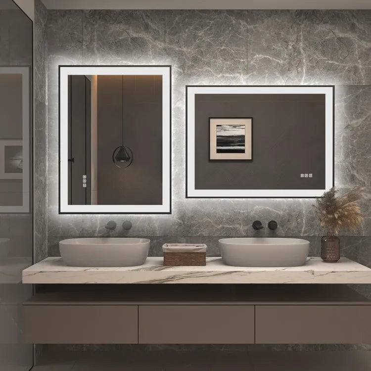 High-Quality Right Angle Black Frame Bathroom Mirror Featuring Front Back Illumination with Energy Efficient LED