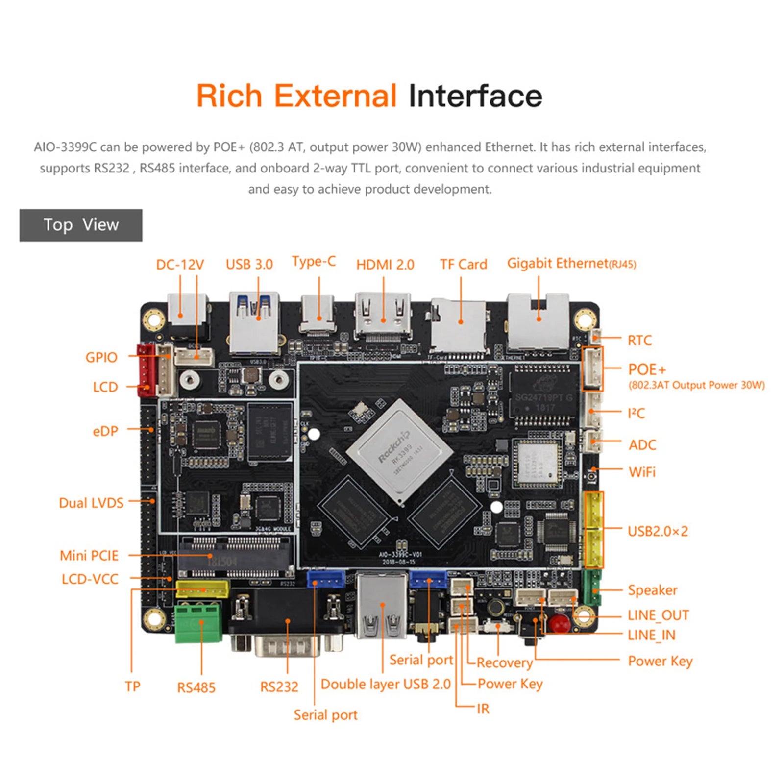 AIO-3399C Open Source AI Development Board Main Board for Mobile Edge Computing Smart Home Devices Facial Recognition AI Server