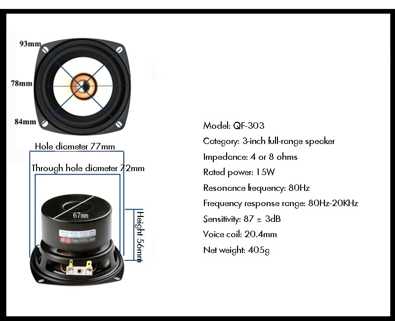 3 Inch Audio Speaker 4Ohm 8Ohm 15W Full Range Speakers Hifi Mediant Bass Loudspeaker For Home Theater DIY