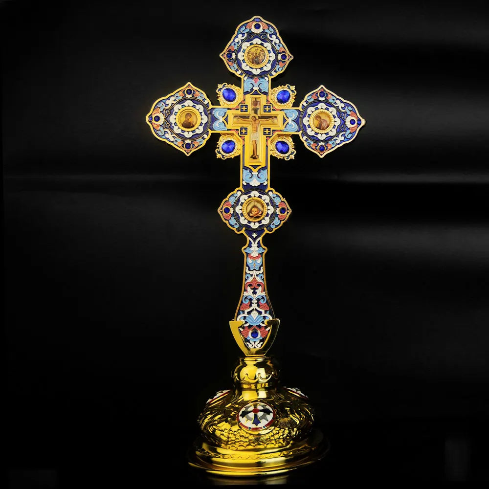HT 2026 New Metal Cross Religious Jesus Icon Alloy Cross Standing Crucifix Decorative Orthodox Hand Cross Religious Gift