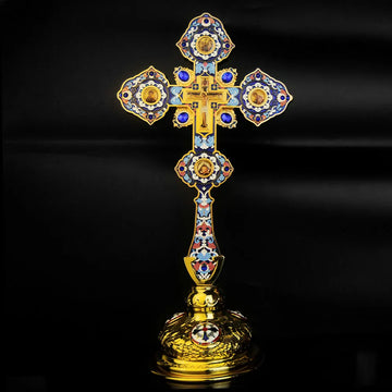 HT 2026 New Metal Cross Religious Jesus Icon Alloy Cross Standing Crucifix Decorative Orthodox Hand Cross Religious Gift