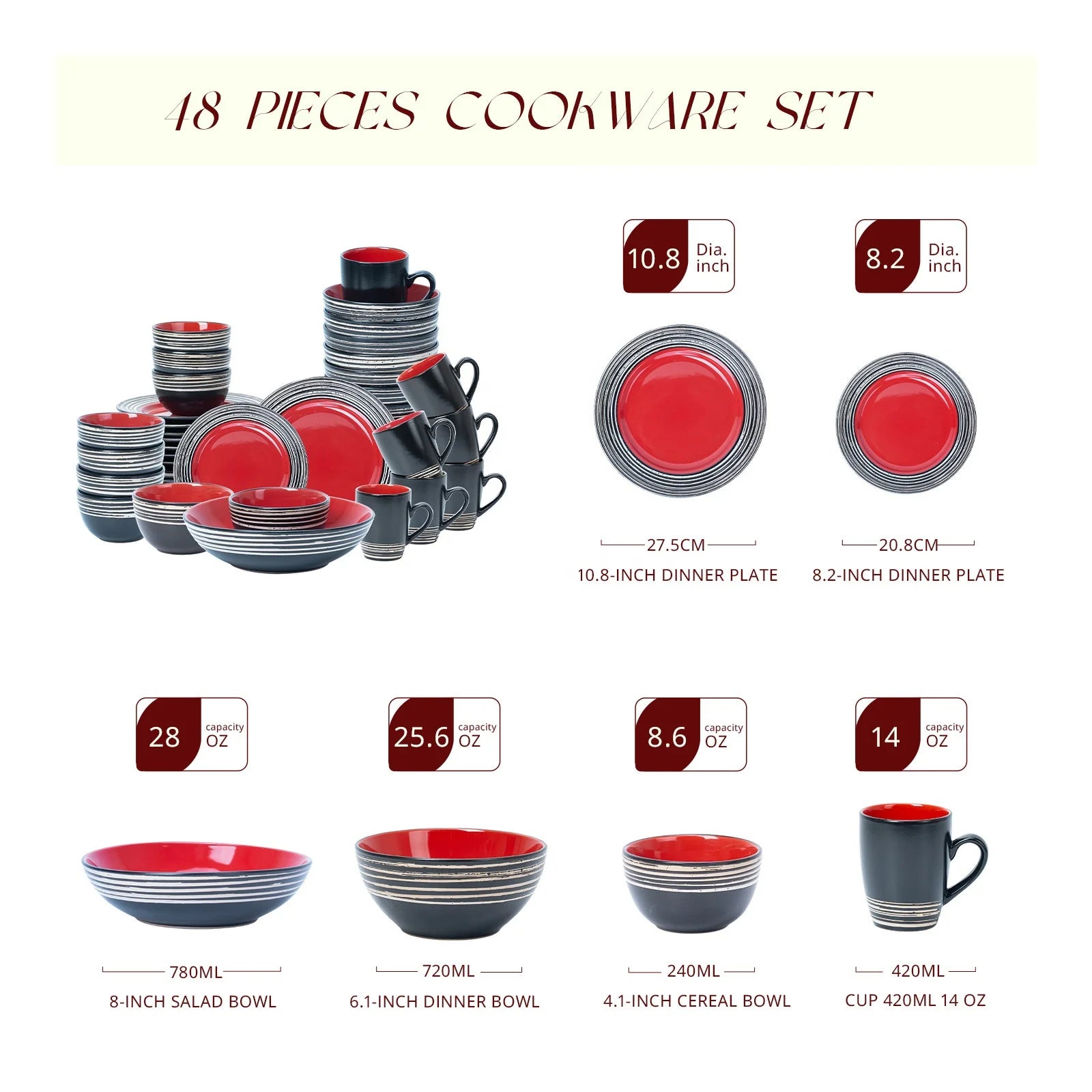 Semtember Promotion Red Round Dinner Plates Unique Design Kitchen Plates Set Microwave Safe Premium Stoneware Ceramic Dinner Set
