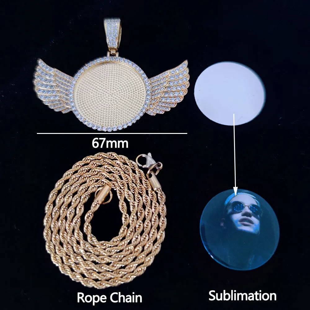 Hip Hop Custom Sublimation Necklace Blanks Bling Iced Out Custom Photo Pendant Diy Sublimation Pendant Necklace