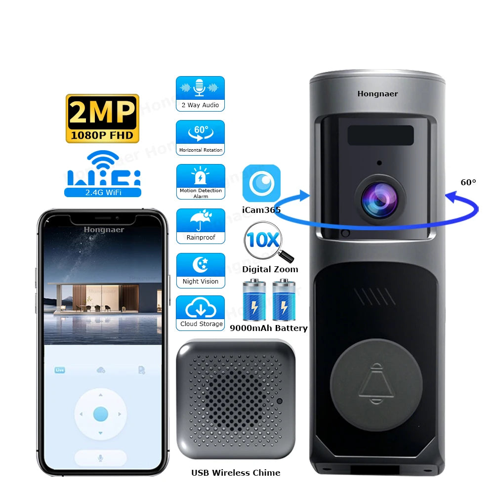 Hongnaer 2MP WiFi House Battery Intercom Intelligent Door Bell Ring Doorbell Camera ICam365 WiFi Smart Wireless Video Doorbell
