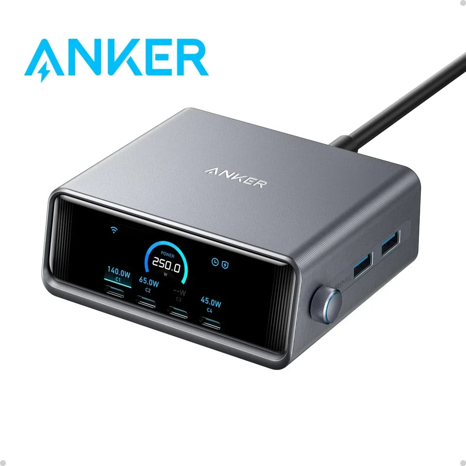 Anker Prime Charger 250W GaN Ultra-Fast 6-Port USB C Charging Station with 2.26\" LCD Display and Smart Control Dial A2345
