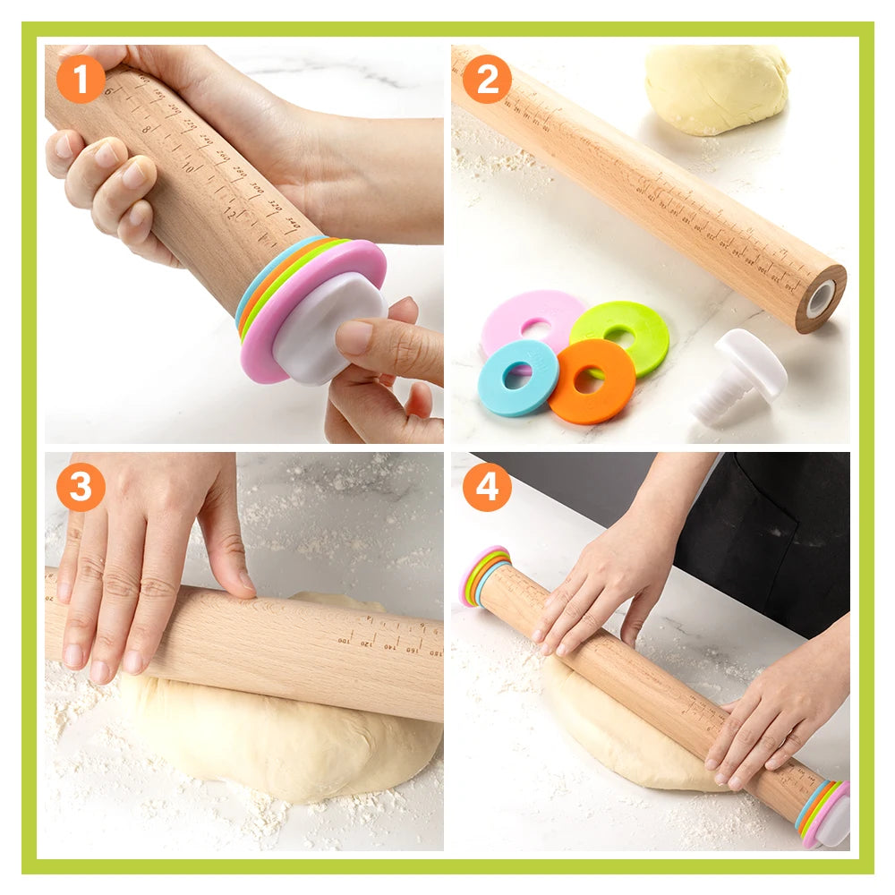 14/17 Inch Adjustable Wooden Rolling Pin with 4 Thickness Rings Dough Roller Pins for Cookie Pastry Tools Cake Kitchen Gadgets