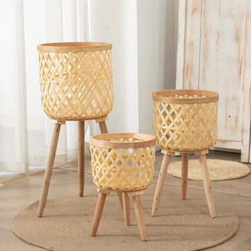 RTS Bamboo Woven Flower Pot Wood Plant Stand Wicker Rattan Plant Basket for Home Decor Balcony Living Room Functional Floor Vase