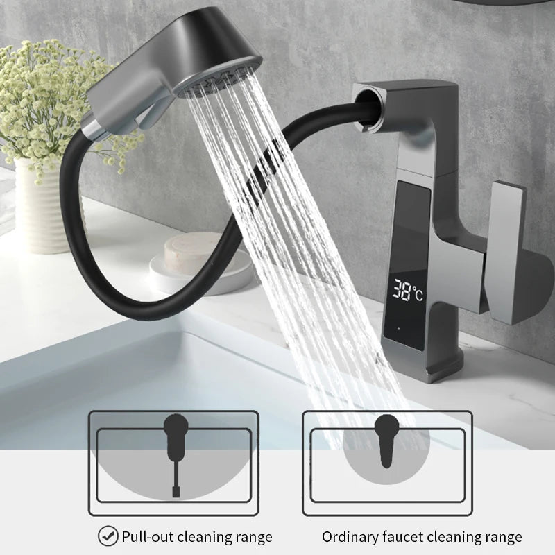 New 360 Degree Rotary Brass Basin Tap Gun Grey Pull Out Hot and Cold Bathroom Faucet with Temperature Digital Display