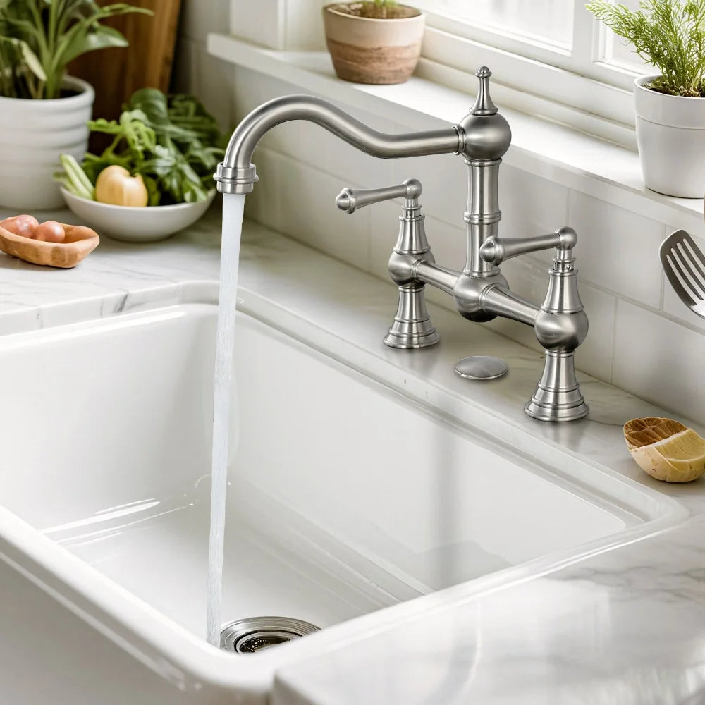 2 Holes Bridge Kitchen Faucet, Solid Brass Kitchen Sink Faucet Centerset Deck Mount Kitchen Faucet for Sink, RV, Laundry, Bar