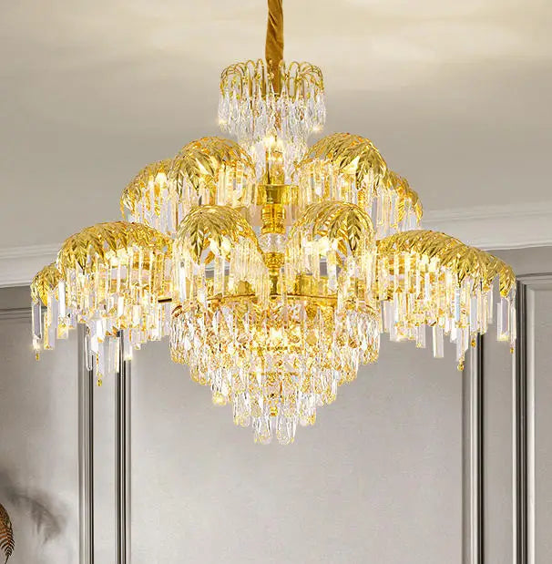 Large Classical 2 Layers Palm Tree Brass and Crystal Chandelier for Hotel