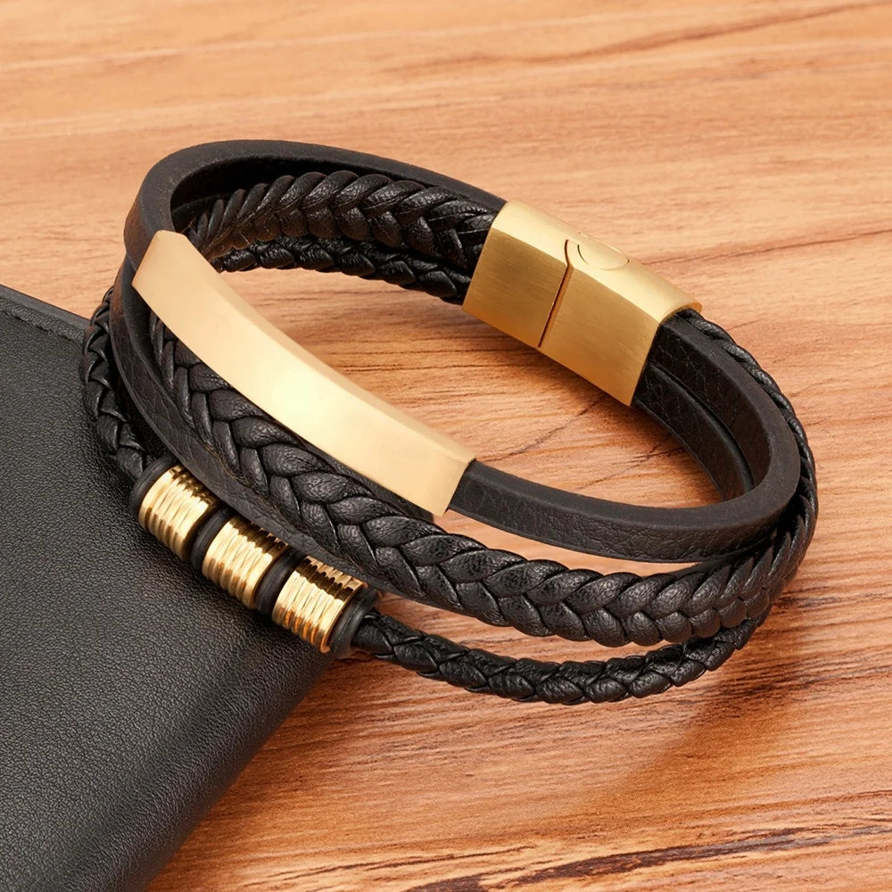 New Stainless Steel Black Multilayer Genuine Leather Bracelet for Men Magnetic Clasp Button Vintage Male Braid Bangle Jewelry