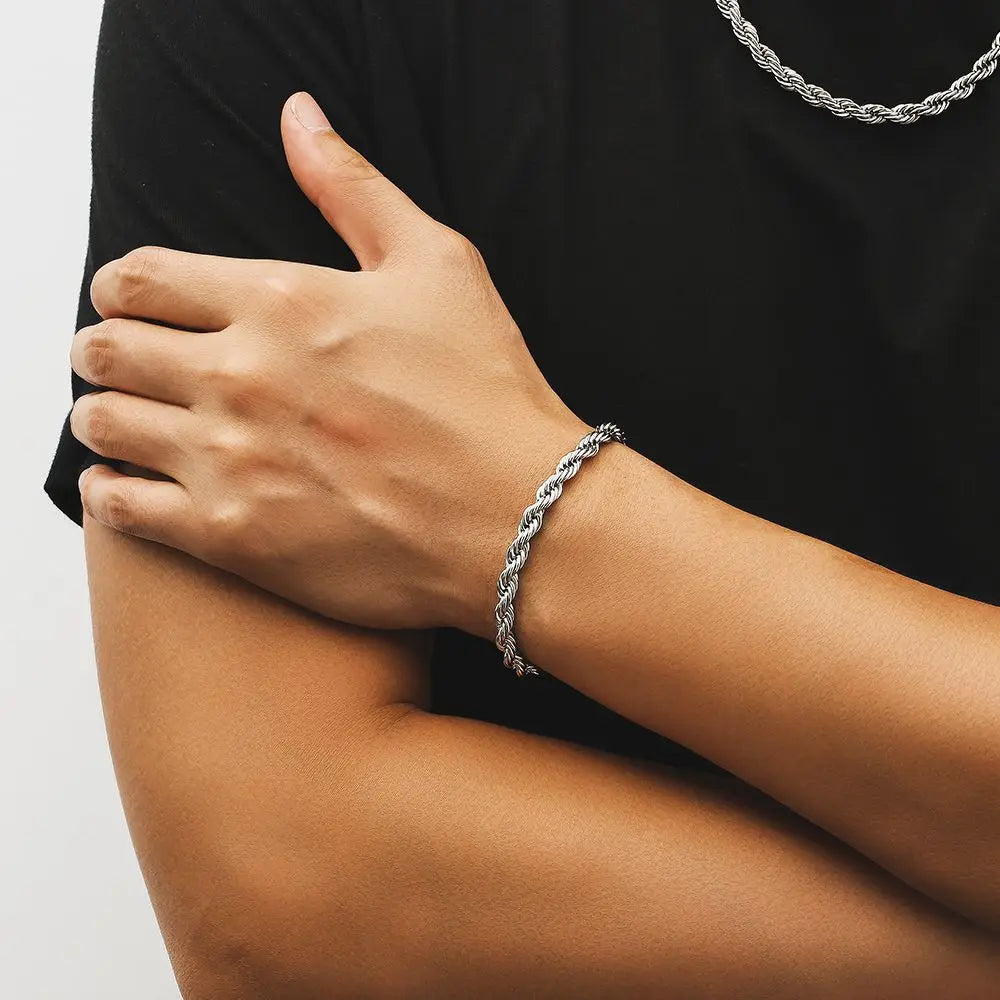 MEN Hip Hop Rope Link Chain PVD 18K Real Gold Plated Stainless Steel Jewelry Gifts Women 6MM Thick Woven Twisted Rope Bracelet