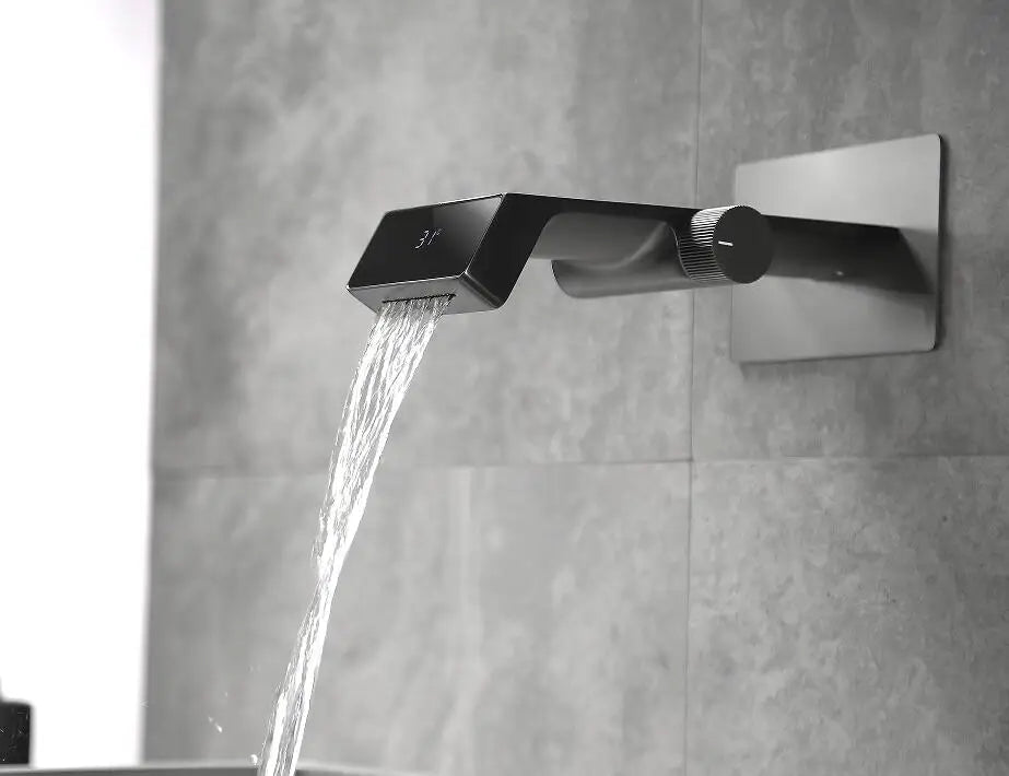 New Trend Wall Mounted Gun Gray Waterfall Lavatory Sink Smart Faucet Mixer Tap with Digital Temperature Display