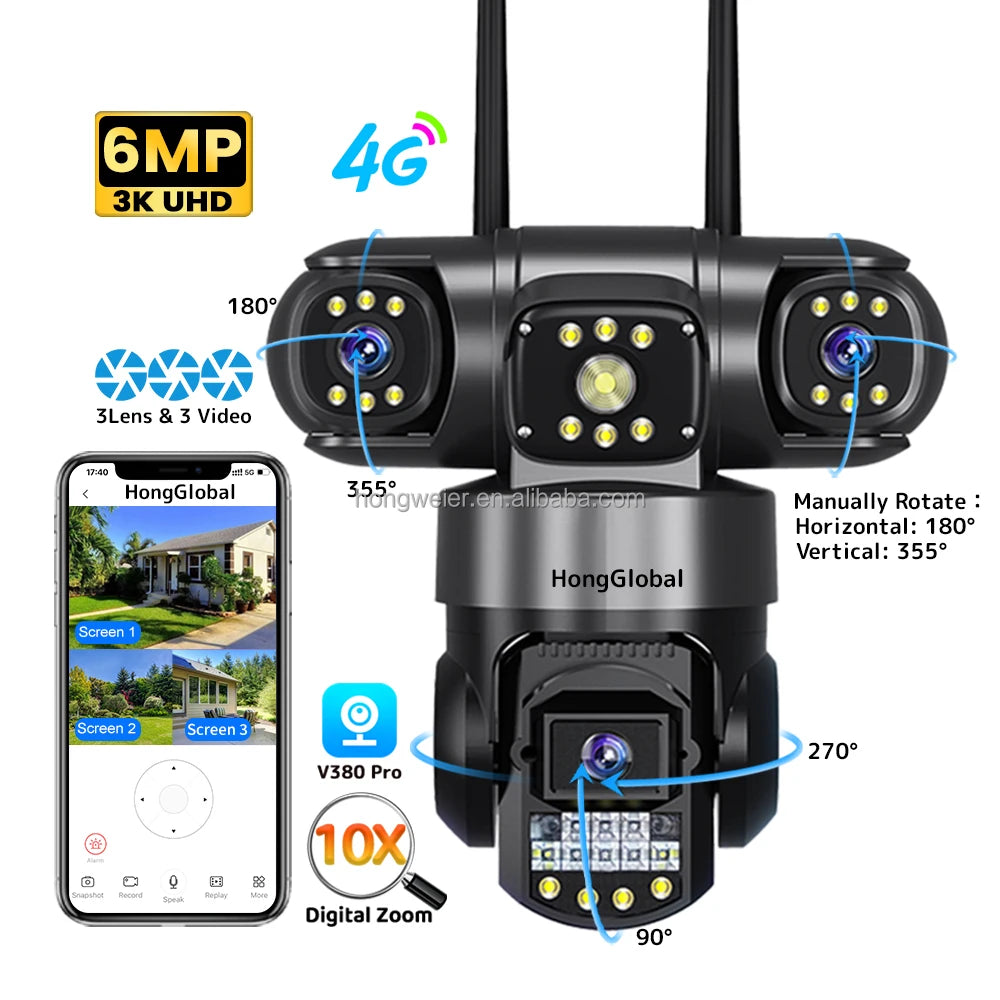 HongGlobal 6MP Wireless Surveil 4G LTE CCTV PTZ Smart Security Camera V380 Pro Three Lenses 4G Sim Card Outdoor Network Camera