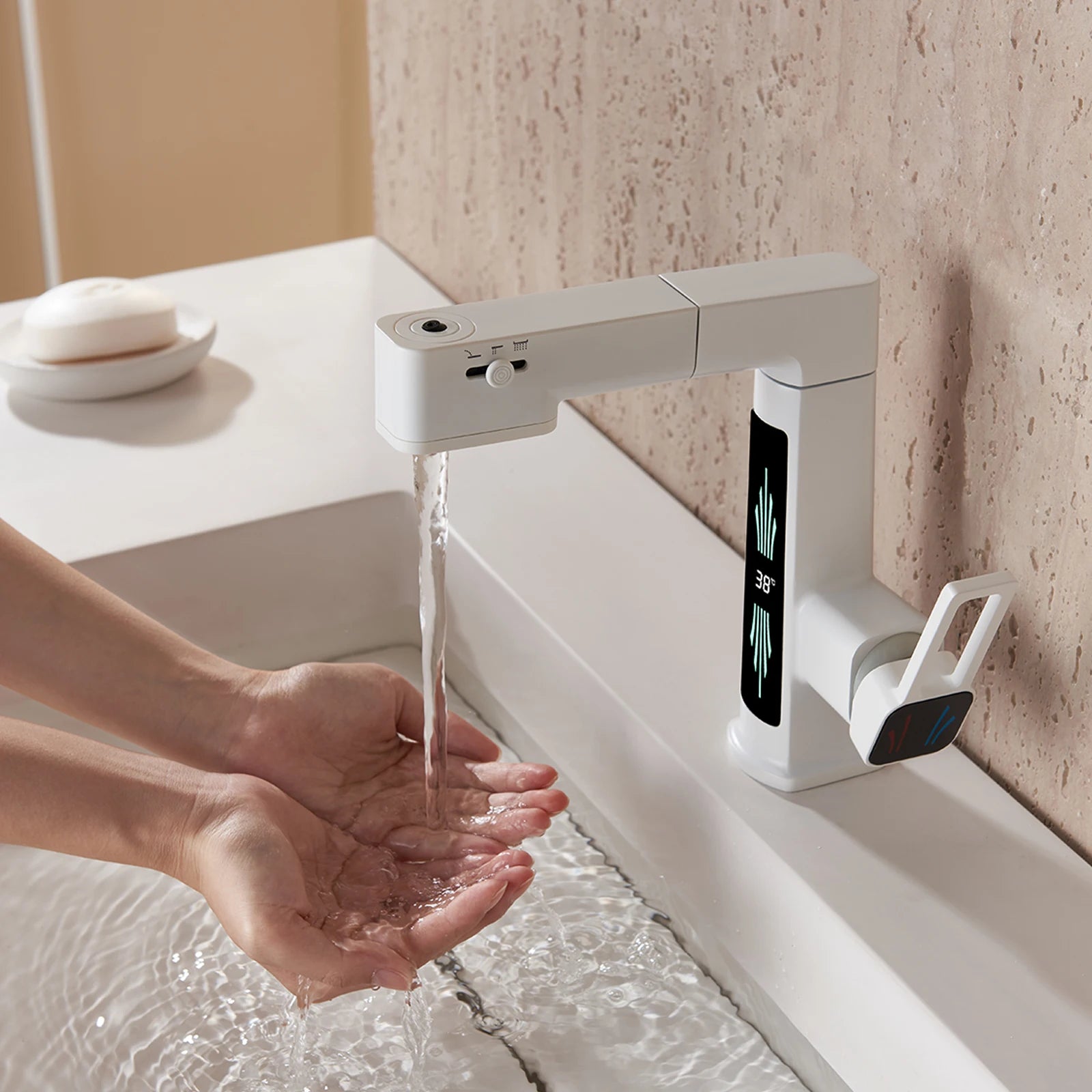 Basin Faucet Gray/White Brass Faucet  Pulling and Lifting Basin Faucet with Digital Display and Warm Atmosphere Light
