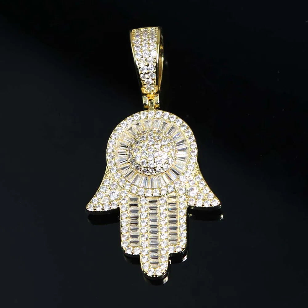 Hamsa Hand Pendant Collection Micro Pave 5a Cz Hip Hop Men Bling Lucky Turkish Jewelry Necklace