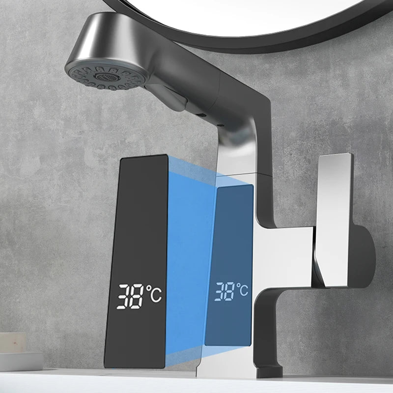 New 360 Degree Rotary Brass Basin Tap Gun Grey Pull Out Hot and Cold Bathroom Faucet with Temperature Digital Display