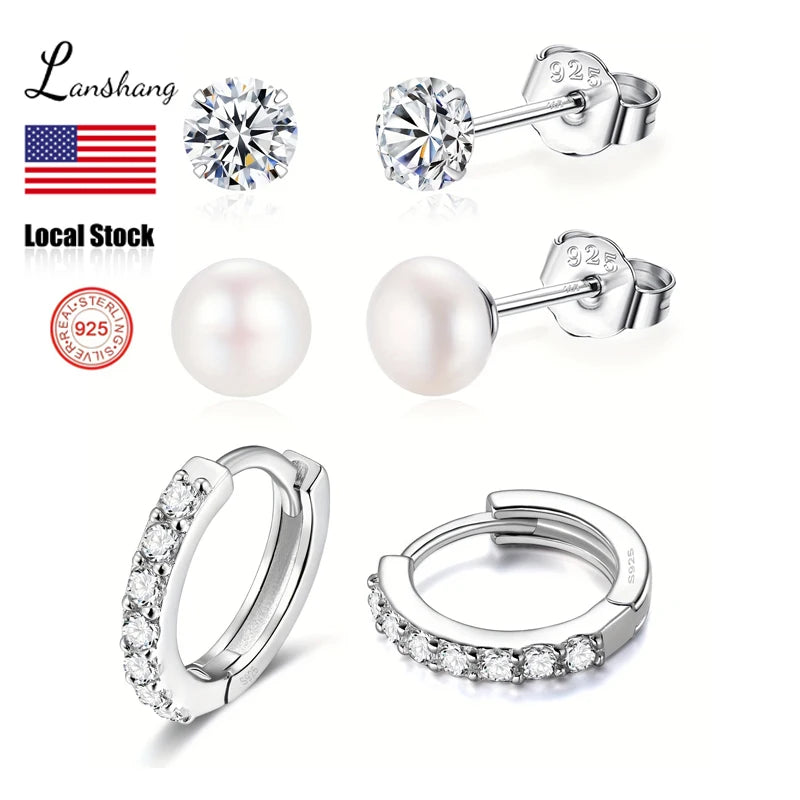 3Pairs Fine Jewelry Earings Set for Women 925 Sterling Silver CZ Freshwater Pearl Earrings Cartilage Studs Hoop Earring