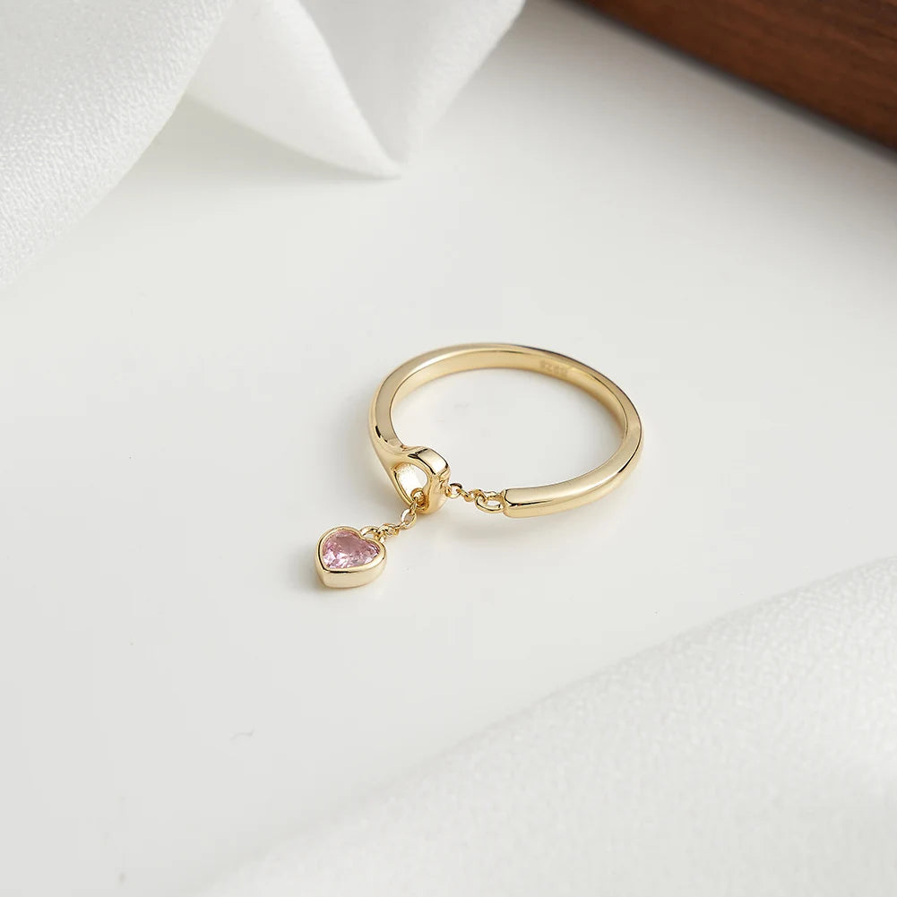 RINNTIN SR332 USA Local Stock Fine Jewelry Tassel Chain Heart Zircon Finger Ring S925 Sterling Silver Adjustable Ring for Women