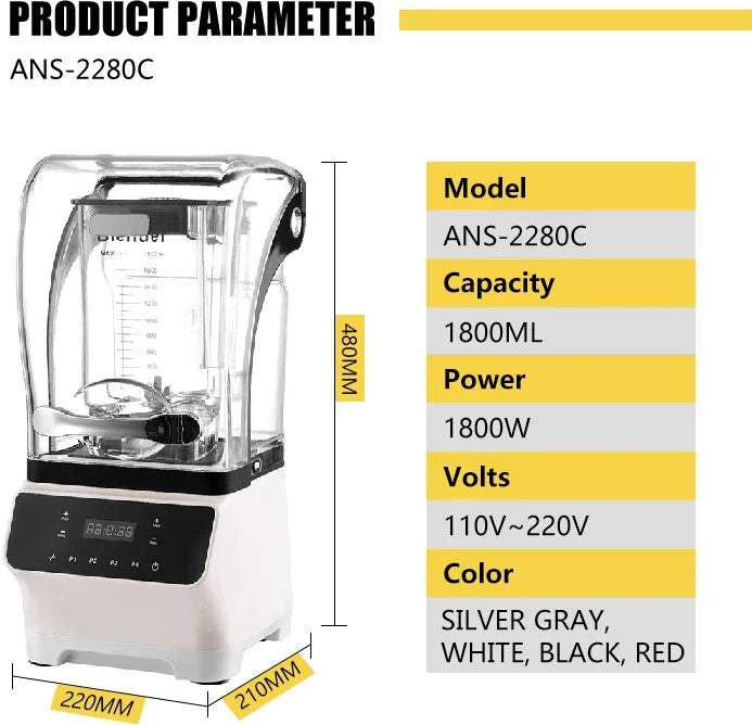 1.8LCommercial ANS-2280C EN 220V Silence Commercial Sound Proof Blender Digital Strong Blender Professionnel Blender