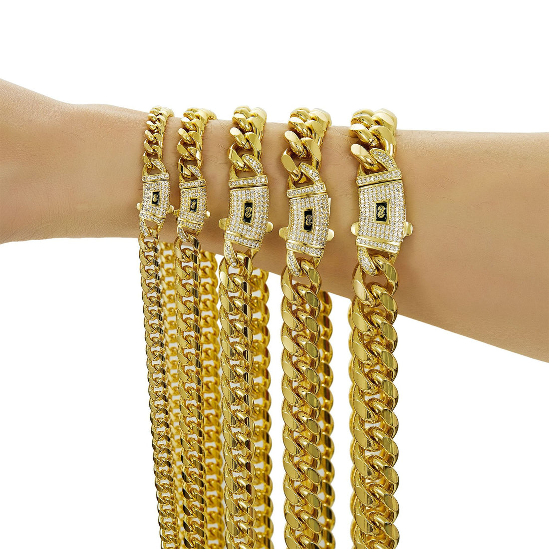 Wholesale 14K 18K Gold PVD Stainless Steel Cuban Link Necklace Men 6mm-10mm Miami Curb Spring Clasp Zircon Pearl Main Stone Gold