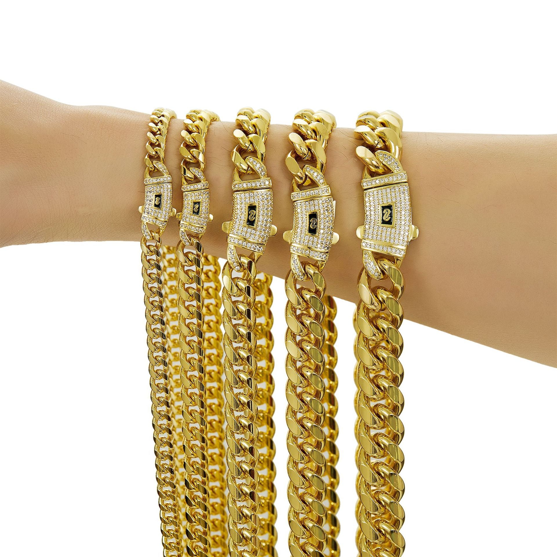 Wholesale 14K 18K Gold PVD Stainless Steel Cuban Link Necklace Men 6mm-10mm Miami Curb Spring Clasp Zircon Pearl Main Stone Gold