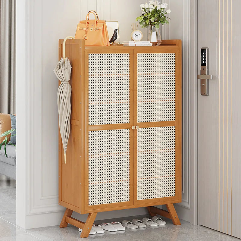 Modern Stainless Steel Shoe Cabinet with Breathable Panel Extendable Bamboo Doors Furniture for Home Hotel for Entry Living Room