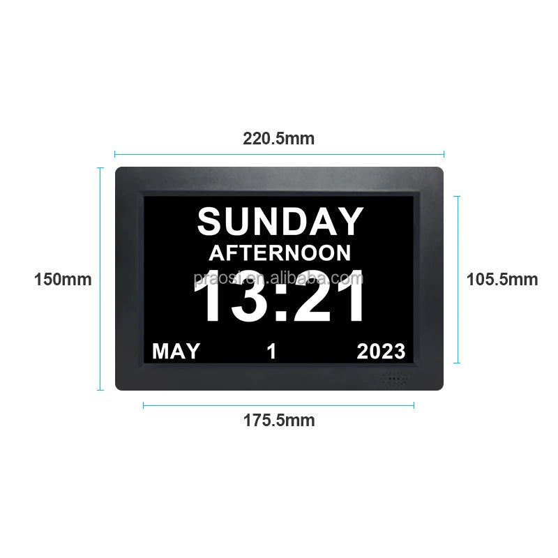Pros 8" Digital Calendar Alarm Clock Analogue Dementia Clock Customizable Alarms Medication Reminders Auto DST Remote Control