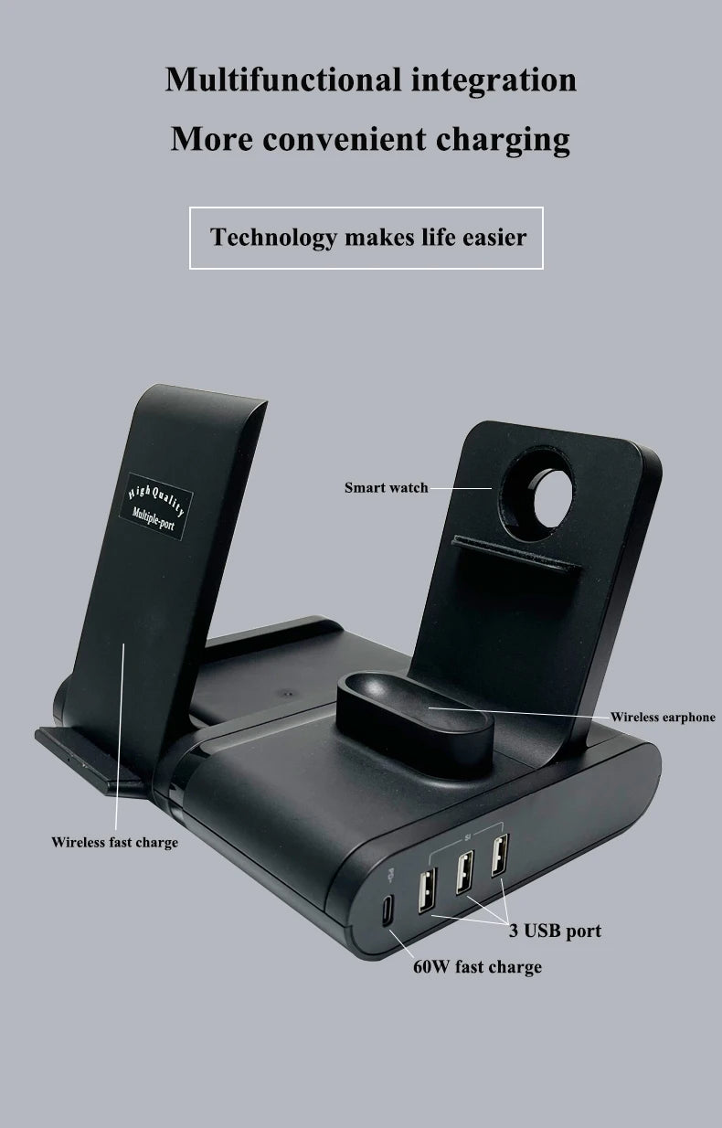 NULIKE Foldable Wireless Charger Stand 15W PD 5V/3A 7-in-1 Multi-Functional Laptop Earphones More Devices Wireless Charger