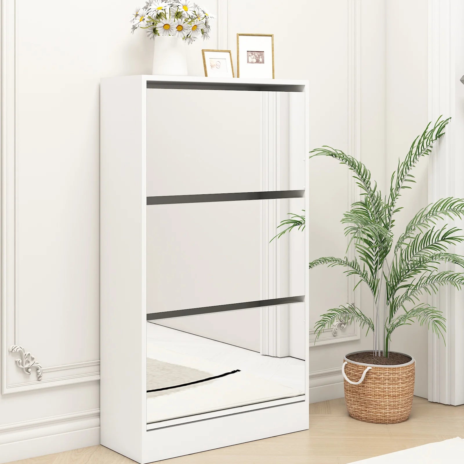 Modern Narrow Convertible Shoe Storage Cabinet Mirror MDF+Glass Slim 3-Tier Shoe Rack for Living Room Apartment Home Furniture