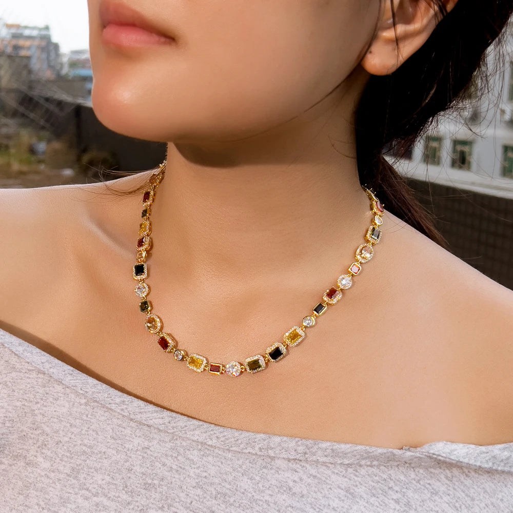 Sparkly Multi Color Zircon Choker Chain Real 18K Gold Plated Brass Jewelry 10MM Colorful CZ Zirconia Necklace for Women Men