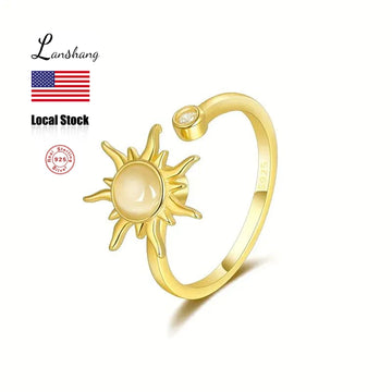 Fine Jewelry Rings Adjustable Opan Band 925 Sterling Silver Ring Moonstone Sunflower Rotating Fidget Design