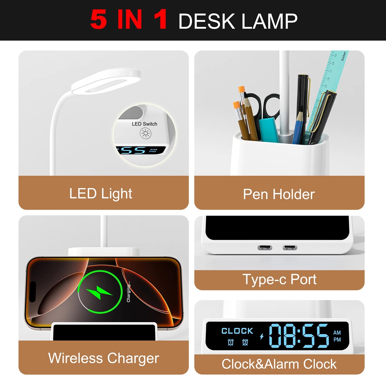Excluded From Sale in India-5in1 Table Desk Lamp Alarm Clock Wireless Charger Wireless Charging Station 15W With Pen Holder