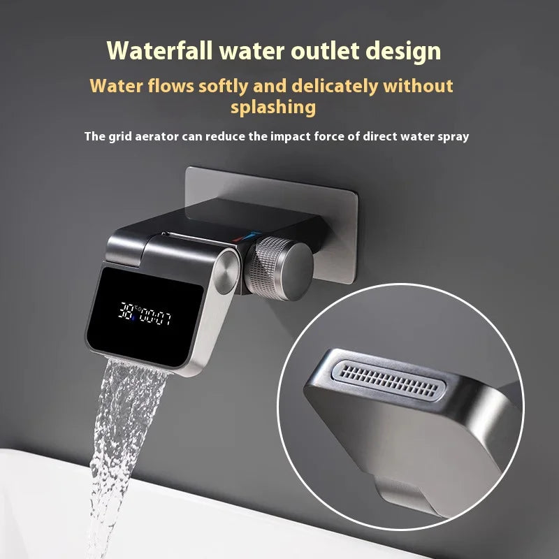 Intelligent Digital Display Concealed Bathroom Faucet Brass Wall-Mounted Folding Waterfall Hot Cold Basin Faucet Thermostatic