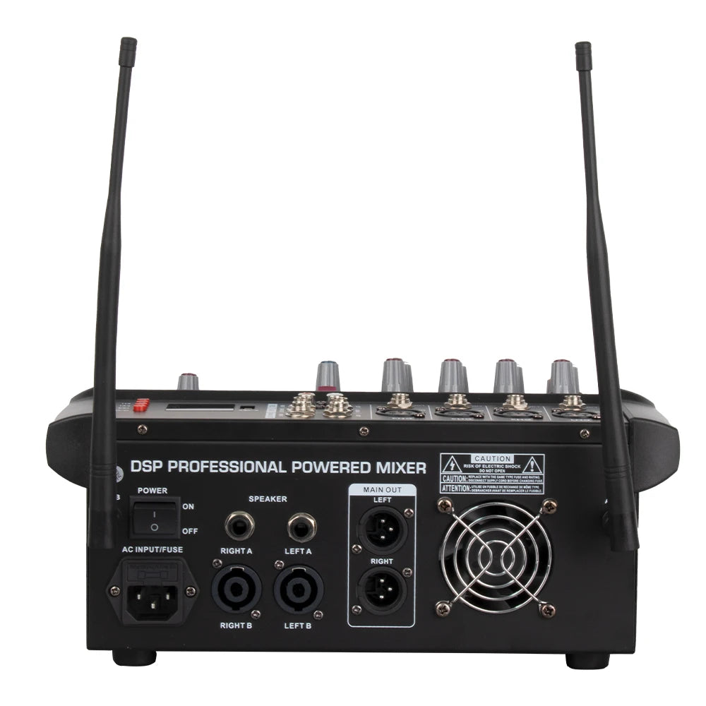 Professional Build-in Power Amplifier 4 Way Audio Mixer with Dual Wireless Microphones 4 Channel Power Powered Audio Mixer