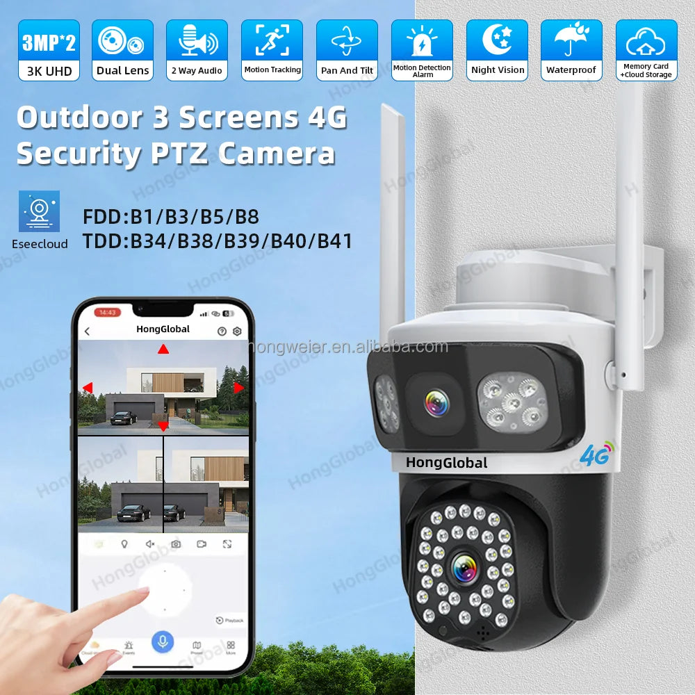 HongGlobal 6MP 3 Screen 4G LTE Surveil Home Smart Security Camera Eseecloud Dual Lens 4G Sim Card CCTV Outdoor Wireless Camera