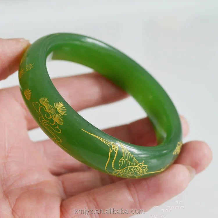 Certified Natural Hetian Jasper a Jade Bracelet Spinach Green Gold Inlaid Jade Pine Crane Jade Bracelet
