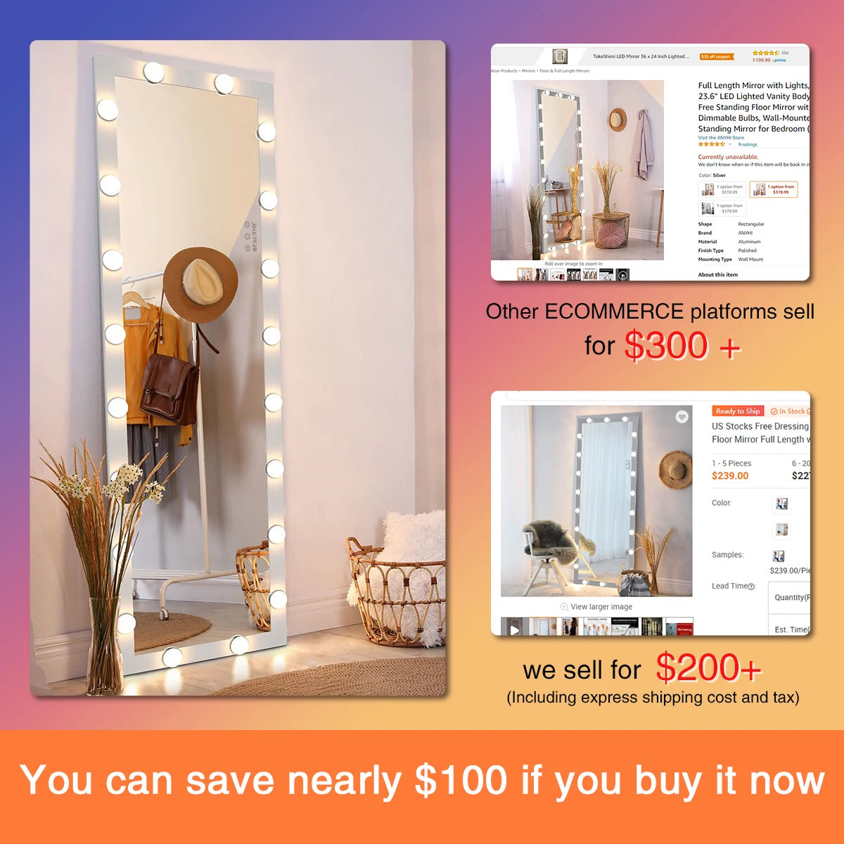 US Stocks Free Dressing Standing LED Large Oversized Wall Mounted Body Floor Mirror Full Length with Light Bulbs for Bedroom