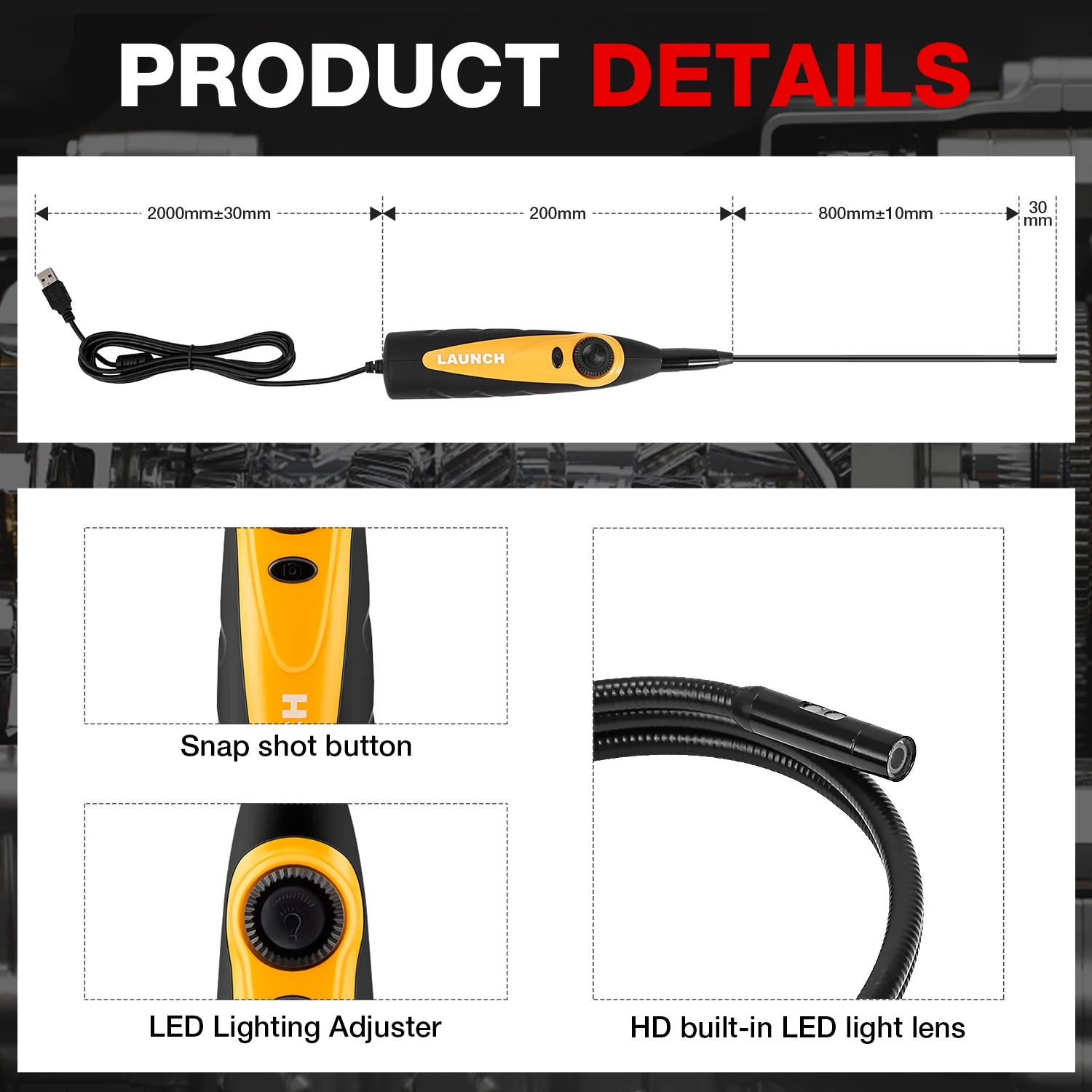 LAUNCH Tech VSP-600 USB Endoscope 0.21 Inch Snake IP67 Waterproof HD Videoscope Borescope