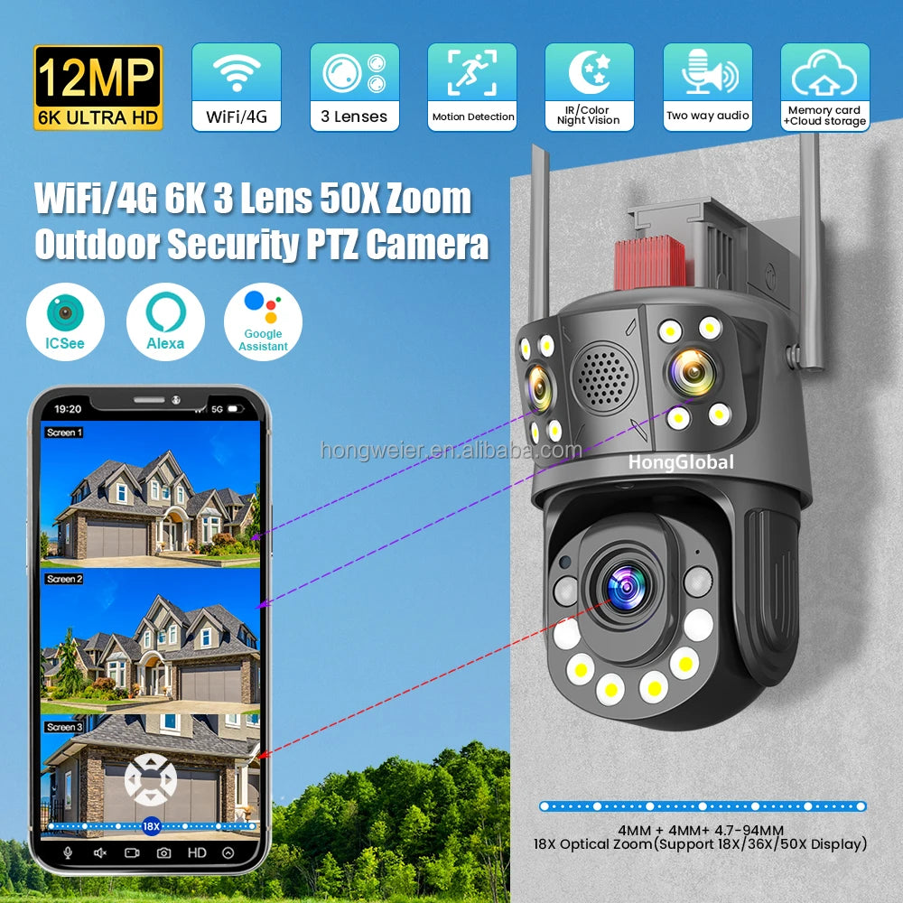 HongGlobal 12MP PTZ 4G Surveil Home Smart Security Camera ICSee Three Lenses 50X Optical Zoom 4G Sim Card CCTV Wireless Camera