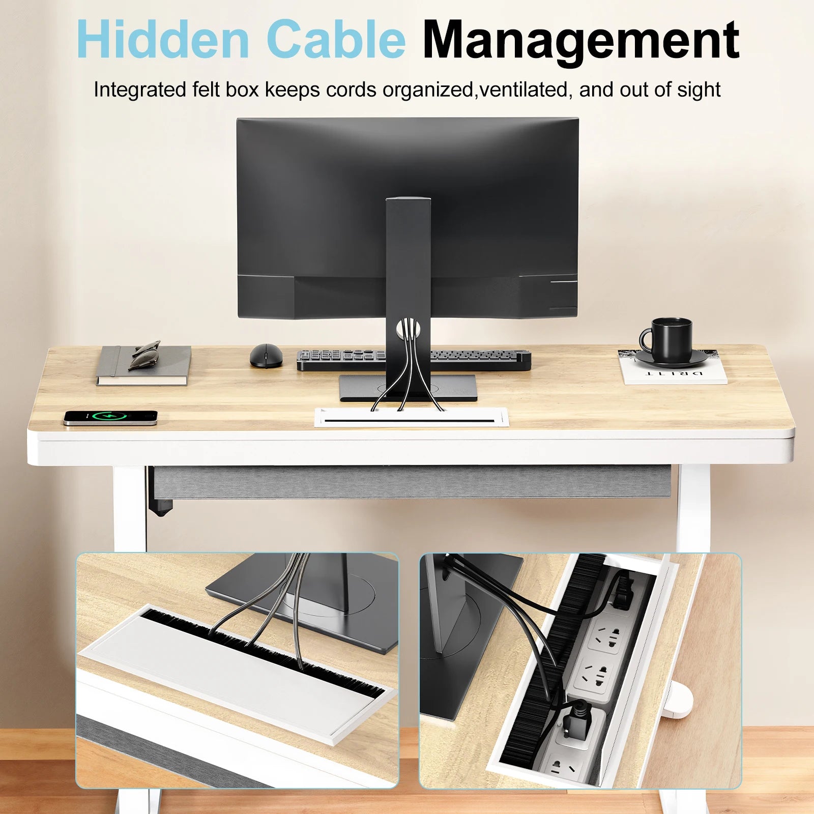48 Inch Height Adjustable Desk, Standing Desk &Office Desk with Drawer,Wireless Charging & Cable Management Tray