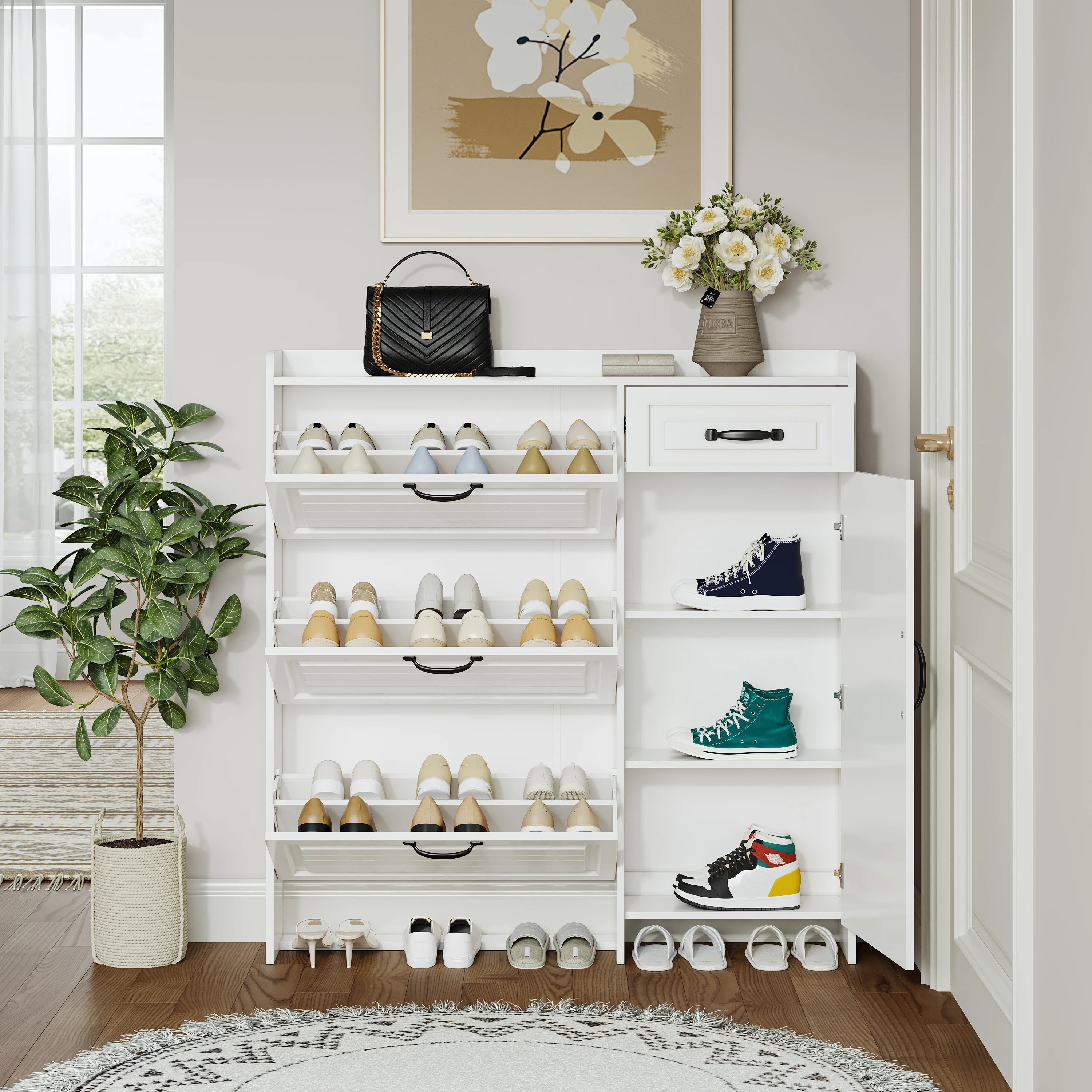 Modern White Wooden Shoe Cabinet with 4 Doors and 1 Drawer Free Shipping Large Storage Space for Living Room Home Furniture