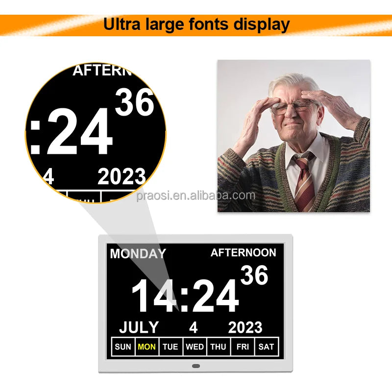 Pros 15 Inch Digital Calendar Day Clock Large Display Analogue Seniors Dementia Clock Auto DST Medication Reminder Custom Alarms
