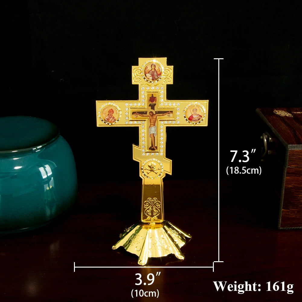 Orthodox Church Blessing Cross With Stand for Church Decoration Gold Planting Jesus Crucifix Image Religion Gift Altar Cross