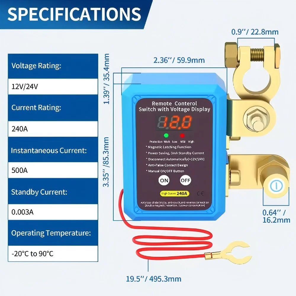 240A Circuit Breaker 12V Remote Battery Disconnect LED Voltage Indicator Automatic Power Switch Remote Control Switches