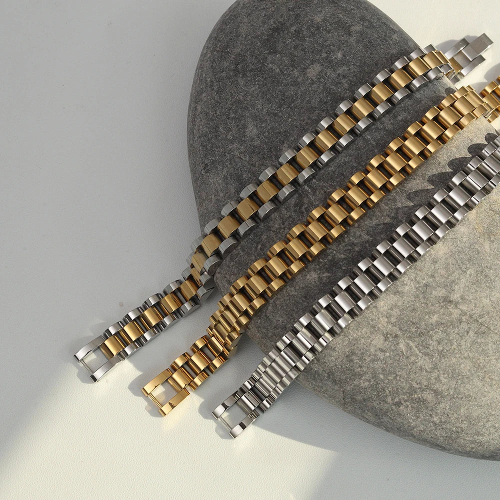 Fashion Waterproof Chunky Jewelry 18K Gold Plated Stainless Steel Wristwatch Chain 10mm Wide Watch Band Bracelet YF3137-1