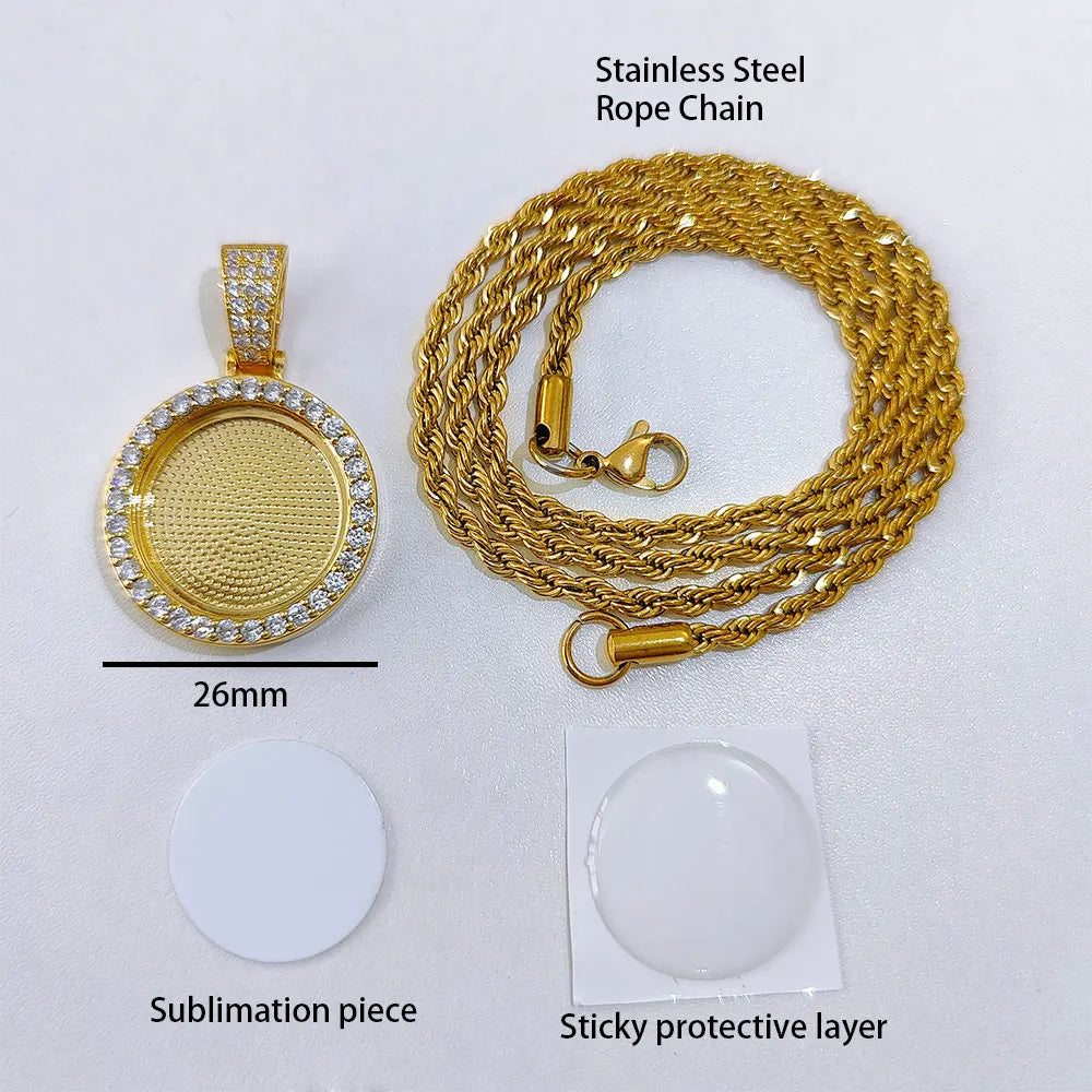 Hip Hop Custom Sublimation Necklace Blanks Bling Iced Out Custom Photo Pendant Diy Sublimation Pendant Necklace