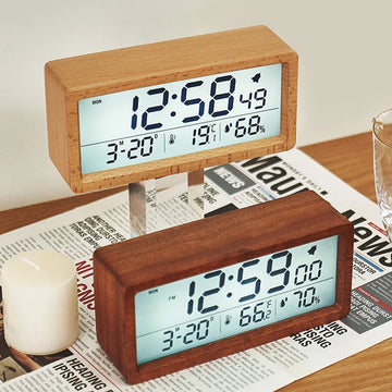 Huayang's New Solid Wood Clock With Simple Temperature And Humidity 1906 Night Light Bedside , Large Screen LCD Wooden Alar