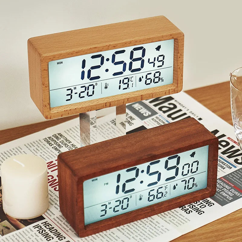 Huayang's New Solid Wood Clock With Simple Temperature And Humidity 1906 Night Light Bedside , Large Screen LCD Wooden Alar