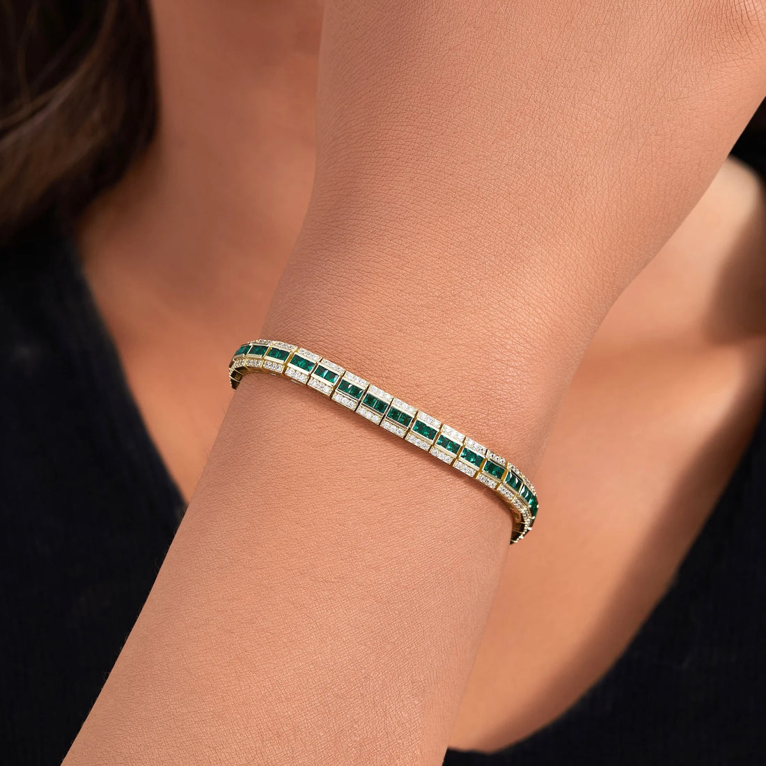 Luxury 18K Gold Plated Radiant Cut Brilliant CZ Zircon Hand Chain Bracelet Fashion Women Emerald Tennis Bracelet